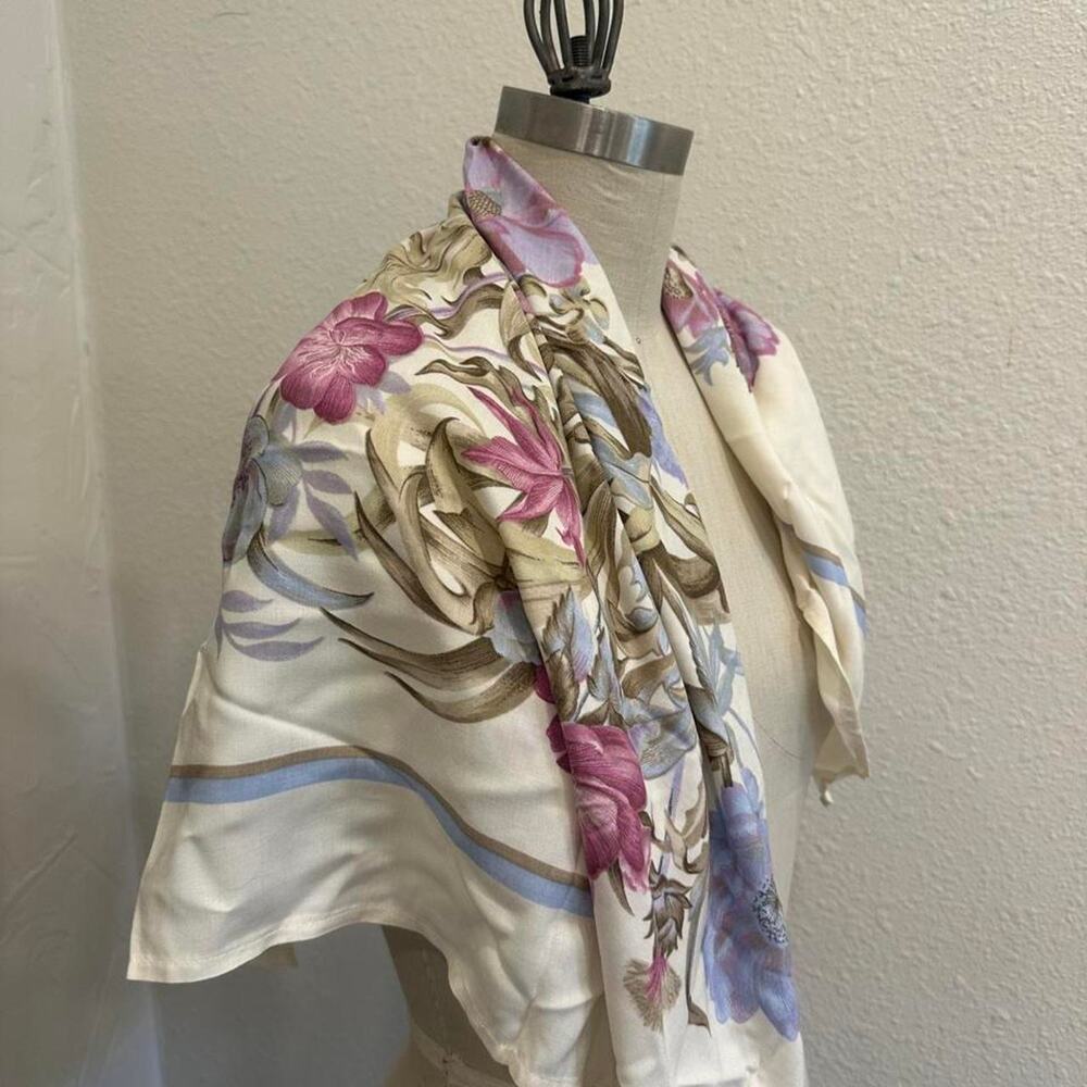 Vintage Floral Silk Scarf | Pastel Botanical Bouquet | Ivory Square Scarf